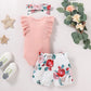 Baby Girl Clothes Infant Summer Outfits Set Ruffle Sleeve Romper Floral Pants 3Pcs Bodysuit +Shorts +Headband (Pink, 0-3 Months)