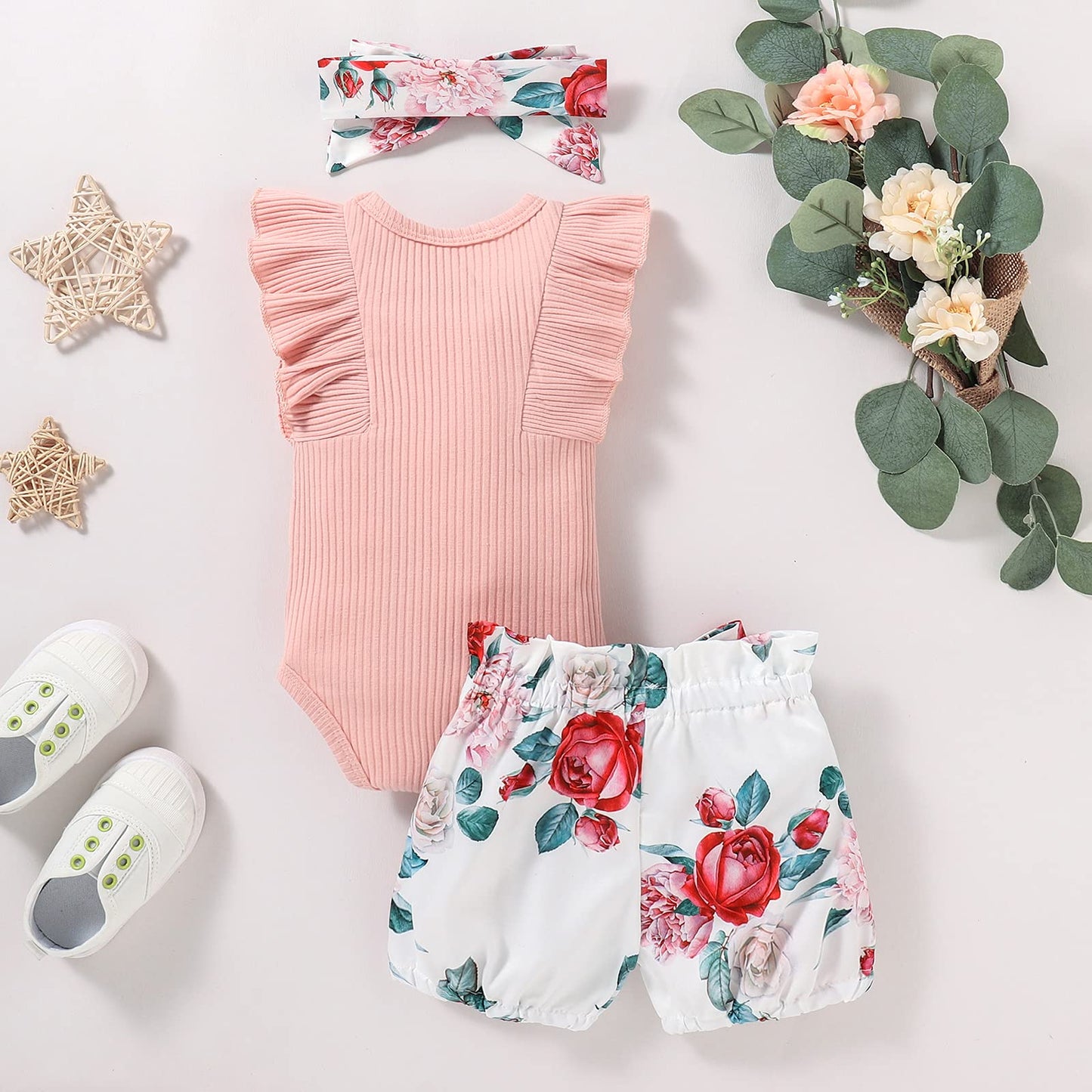 Baby Girl Clothes Infant Summer Outfits Set Ruffle Sleeve Romper Floral Pants 3Pcs Bodysuit +Shorts +Headband (Pink, 0-3 Months)