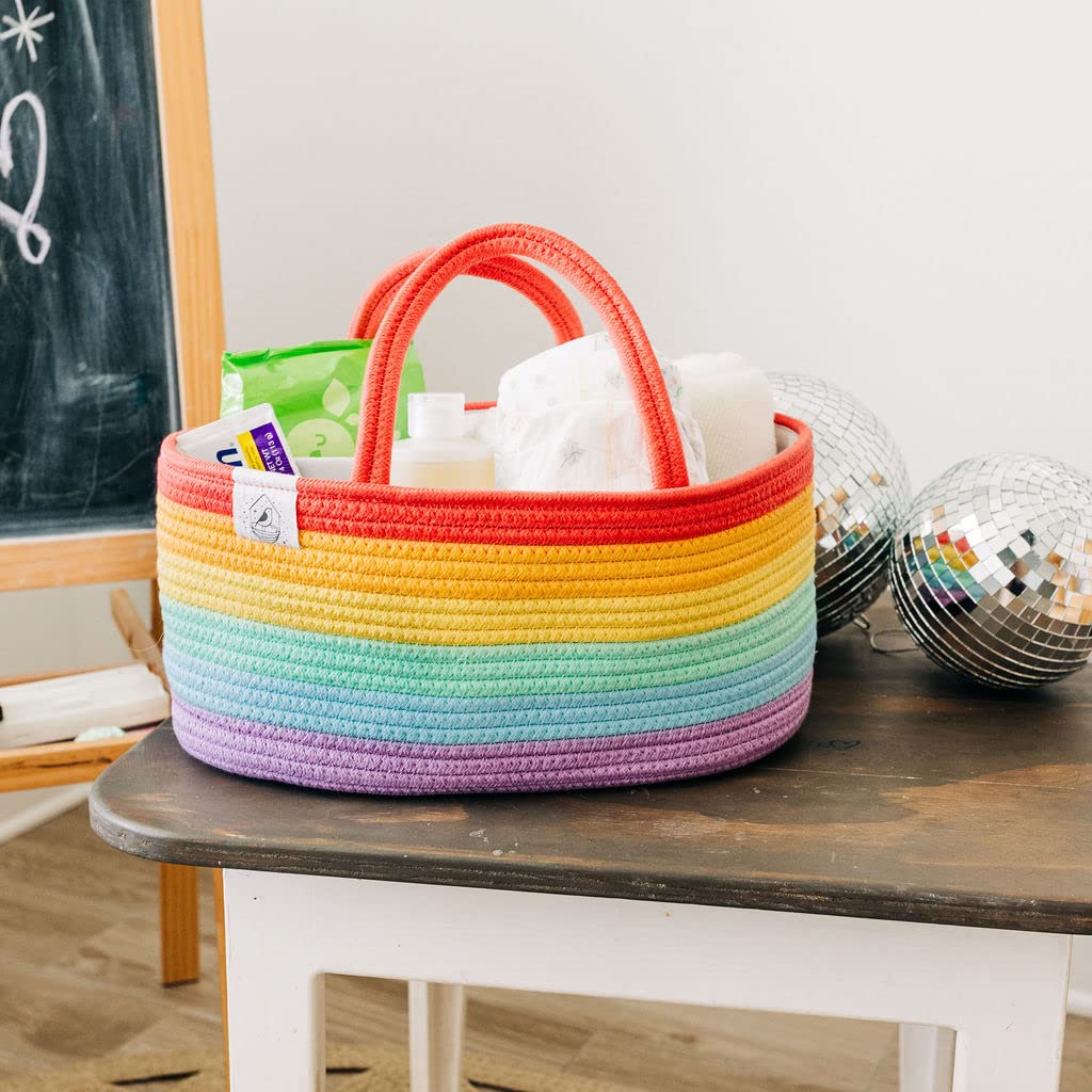 Organihaus Rainbow Baby Diaper Caddy Organizer For Girls, Nursery Rope Baby Basket For Organizer, Changing Table Organizer, Wove