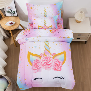 Jqinhome Toddler Comforter For Girls,5 Piece Bed In A Bag 3D Unicorn Theme Bedding Set With 2 Pillowcases,1 Flat Sheet,1 Fitted