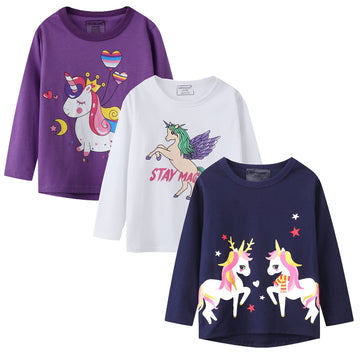 Baby Girl Long Sleeve T-Shirts Unicorn Christmas Elk Graphic Winter Cotton Casual Crewneck Tunic Tops Tee Shirts Sets 3 Pack 12M