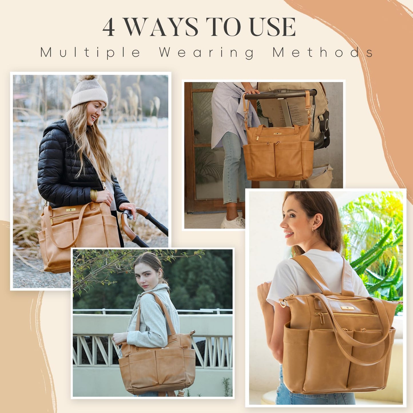 Miss Fong Leather Diaper Tote Backpack - Large Diaper Bag With 11 Organizers, Changing Pad, Stroller Straps, 4 Insulated Pockets