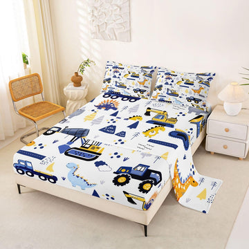Feelyou Cartoon Car Bed Sheets for Boys Full Size Toddler Kids Construction Dinosaur Bed Set Equipment Trucks Sheet Set Cute Veh