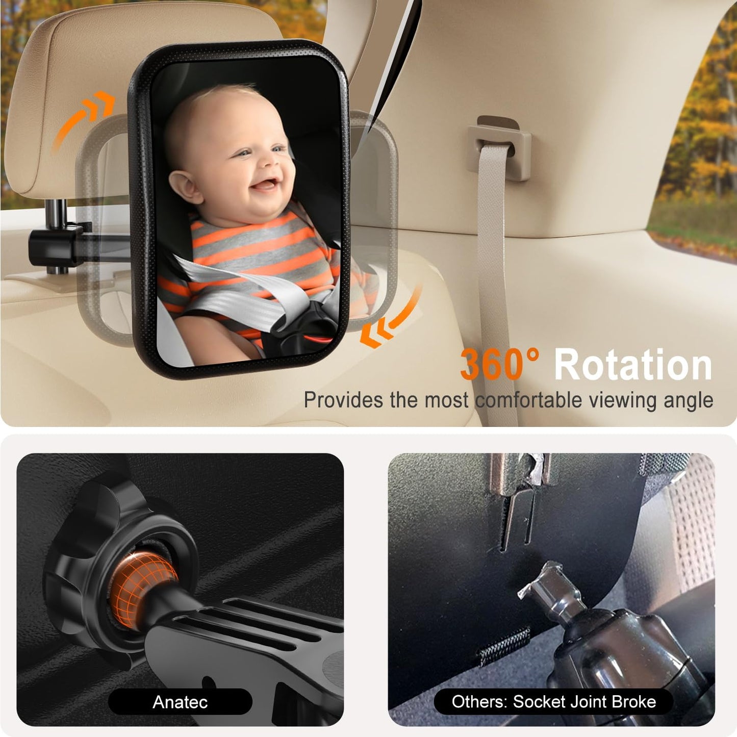 Anatec Baby Car Mirror, Car Seat Mirror For Rear Facing, Upgraded Safety Car Mirror For Infant Newborn With Hook Clip Design Non