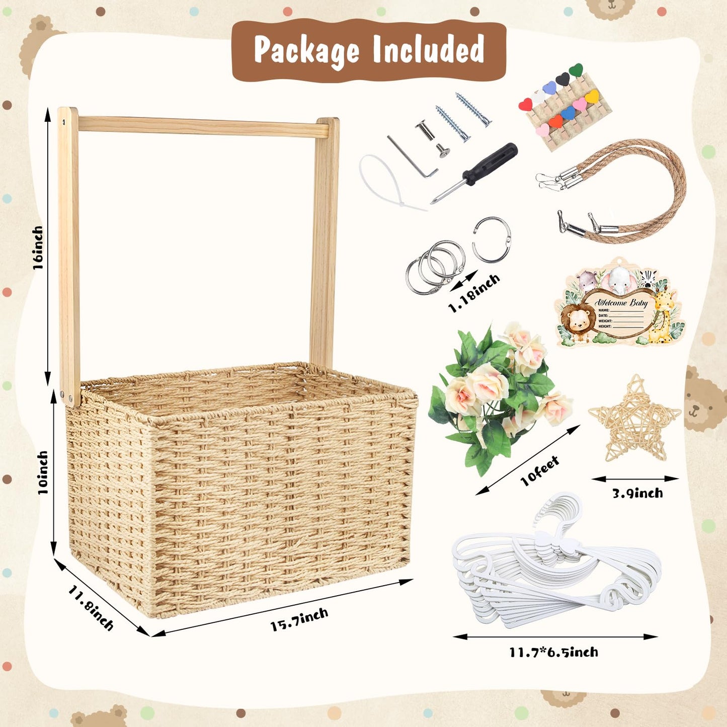 Wisreach Wooden Baby Shower Crate Closet, Foldable Handwoven Storage Basket for Baby Shower Gifts, Welcome Gift Basket for Newbo
