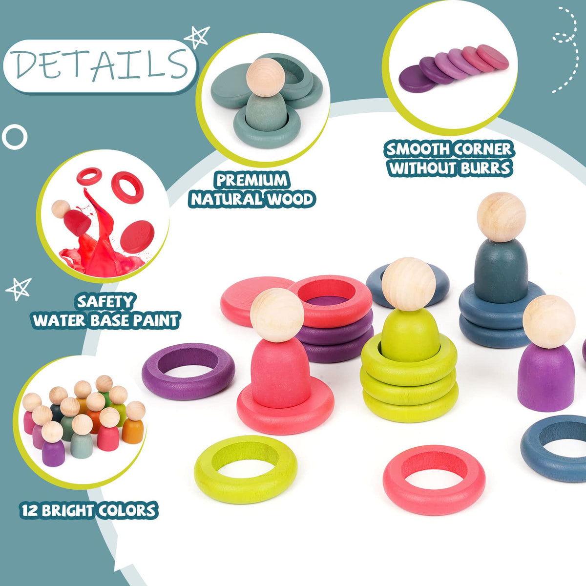 Montessori Toys Wooden Color Sorting Stacking Rings Toy Rainbow Wooden ...