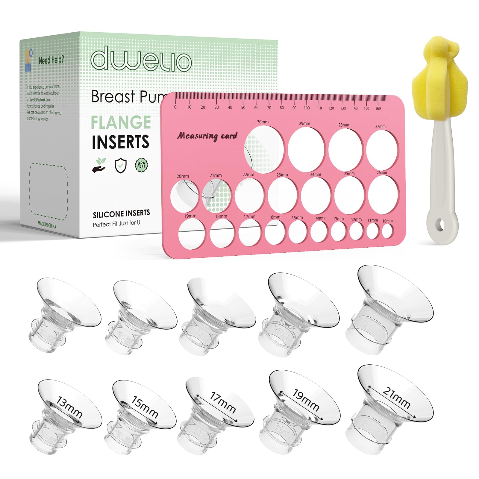 Dwelio Flange Sizing Kit with 10PCS Silicone Flange Inserts 13/15/17/19/21mm & Nipple Measurement Tool & Cleaning Brush, Flange 