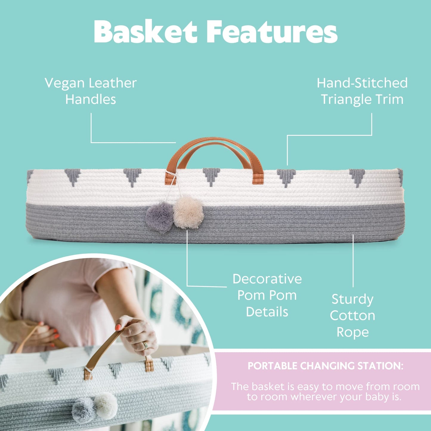 Vesta Baby Woven Cotton Rope Moses Changing Basket Set - Nursery Dresser Table Topper With Soft Foam Pad & 2 Natural Bamboo Wate