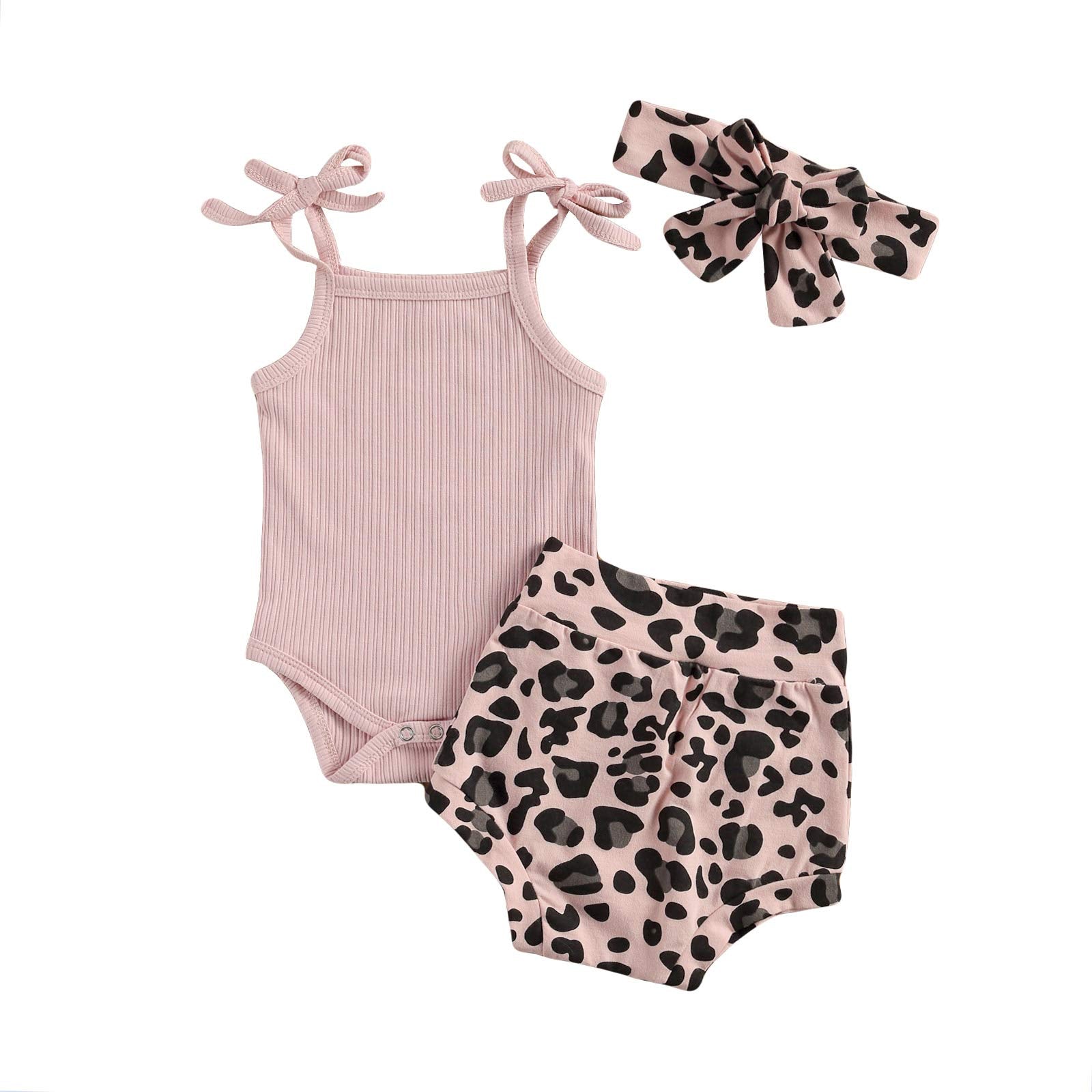 Kuriozud Newborn Infant Baby Girl 2 Piece Summer Outfits Tank Bodysuit Top + Ruffle Bloomer Shorts Set Clothes (Leopard Pink, 0-