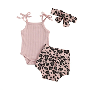 Kuriozud Newborn Infant Baby Girl 2 Piece Summer Outfits Tank Bodysuit Top + Ruffle Bloomer Shorts Set Clothes (Leopard Pink, 0-