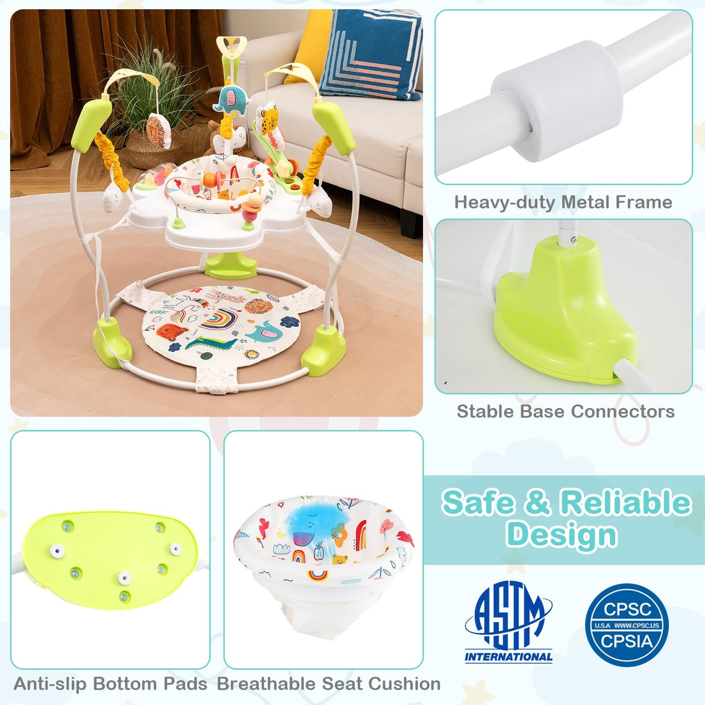 HONEY JOY Baby Bouncer Activity Center, Infant Jumper and Table w/ 360 Rotary Seat, 3 Adjustable Heights, Mat, Music, Lights, So