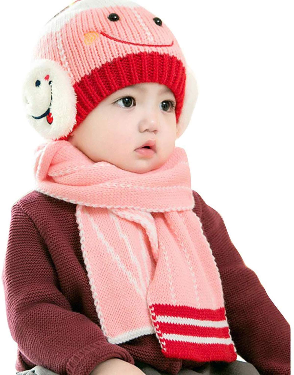 Syga Baby Girls Boys Cute Cap Hats And Scarf Set, 6 Months  3 Years Knit Warm Baby Winter Cap Hat Beanie Cap Hat_Pink, Circumfe