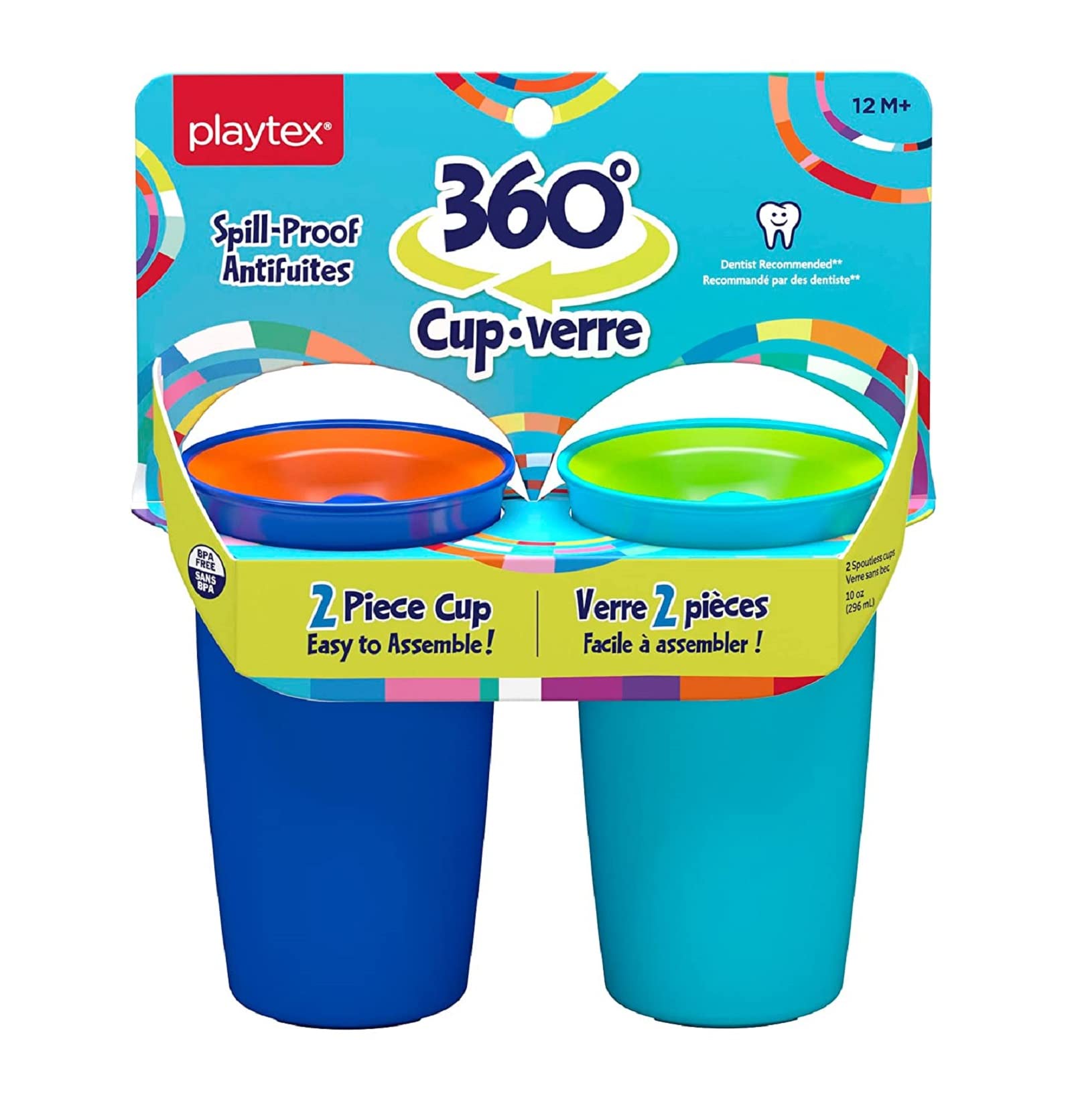 Playtex Baby Stage 2 Spoutless 360 Drinking Cups, Ages 1+, Leakproof, Spill Proof - Blue & Aqua, 10 Oz, 2 Count