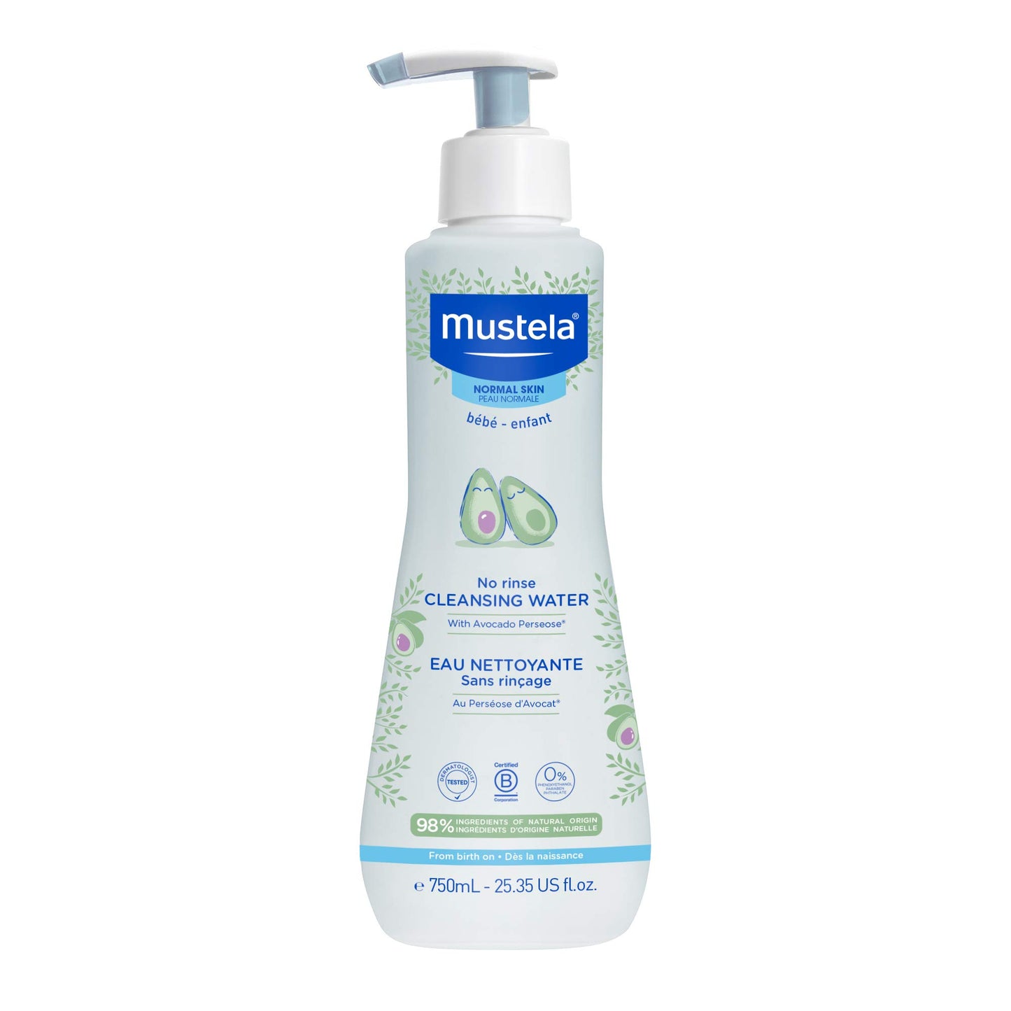Mustela Baby Cleansing Water - No-Rinse Micellar Water - with Natural Avocado & Aloe Vera - for Babys Face, Body & Diaper  25.3