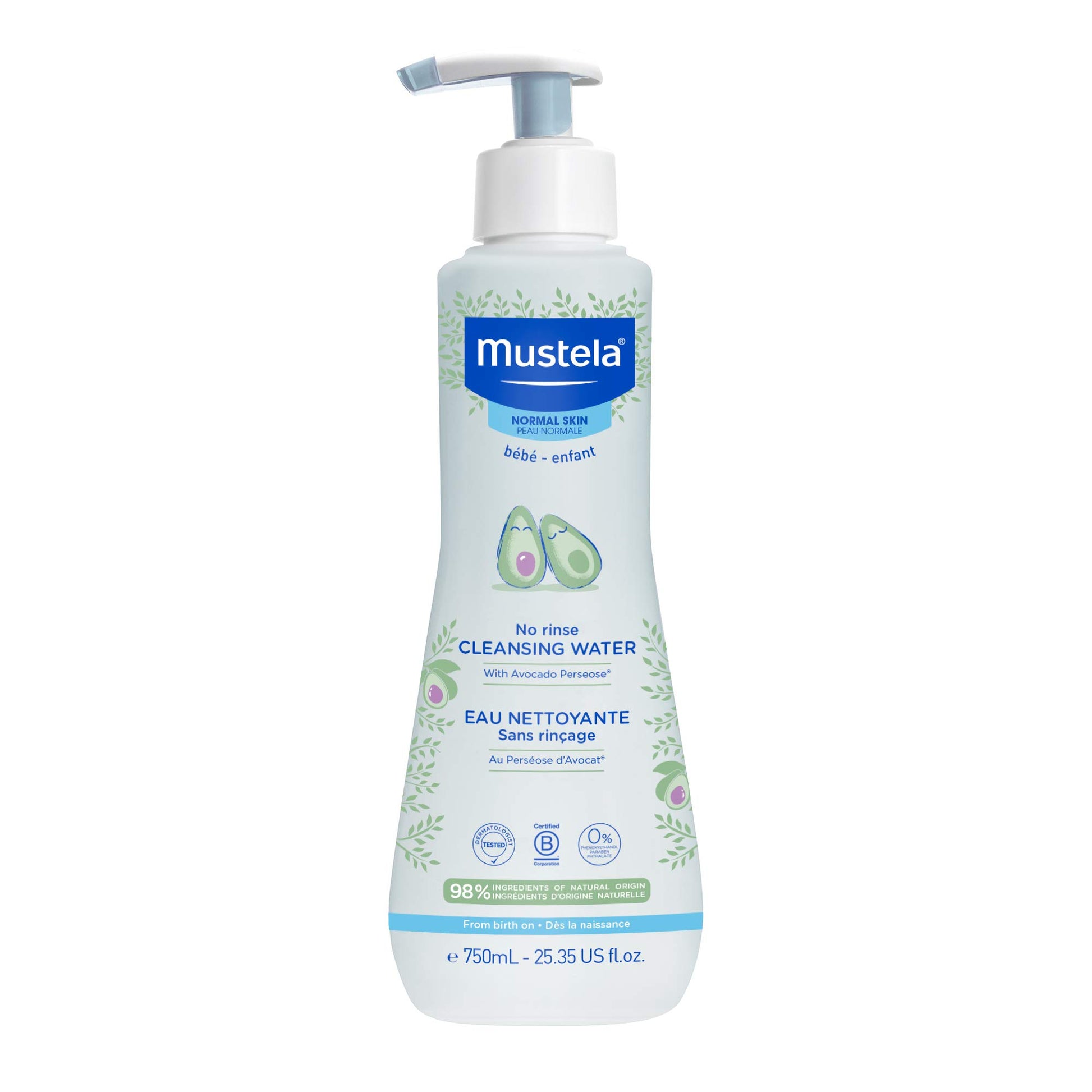 Mustela Baby Cleansing Water - No-Rinse Micellar Water - with Natural Avocado & Aloe Vera - for Babys Face, Body & Diaper  25.3