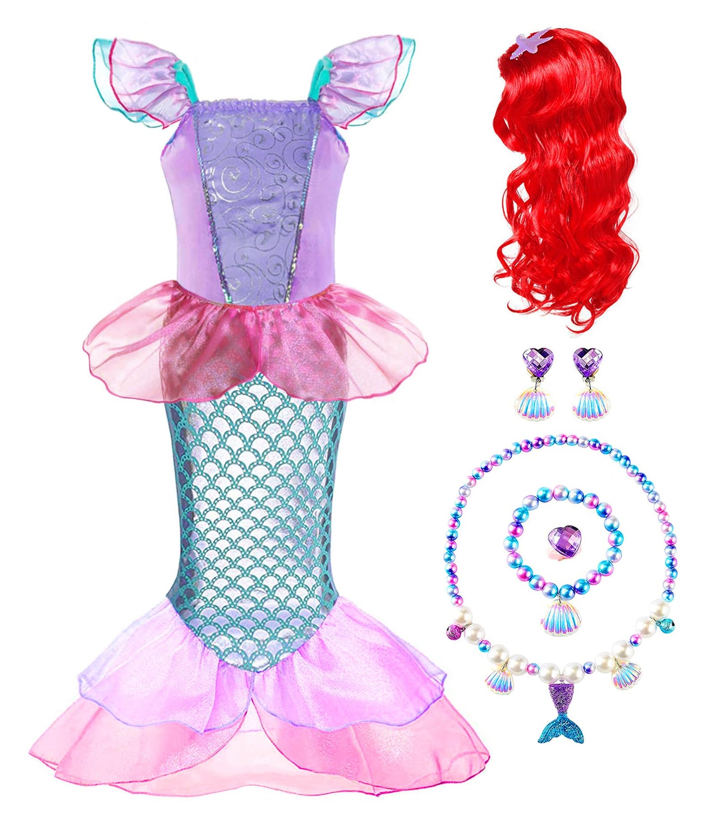 Ruuyiicoco Princess Mermaid Costume For Girls Party Dress Up With Wig Crown Jewelry (7-8 Years, Pink)