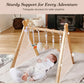 Wooden Play Gym With Beige Mat, Foldable Baby Play Gym, Infant Activity Mat With 6 Hanging Toys, Natural Pine Wood Frame Activit