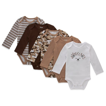 Hanes Baby Girls Bodysuits, Ultimate Flexy Infant Long Sleeve 5-Pack, Brown/Tan, 0-6M Us