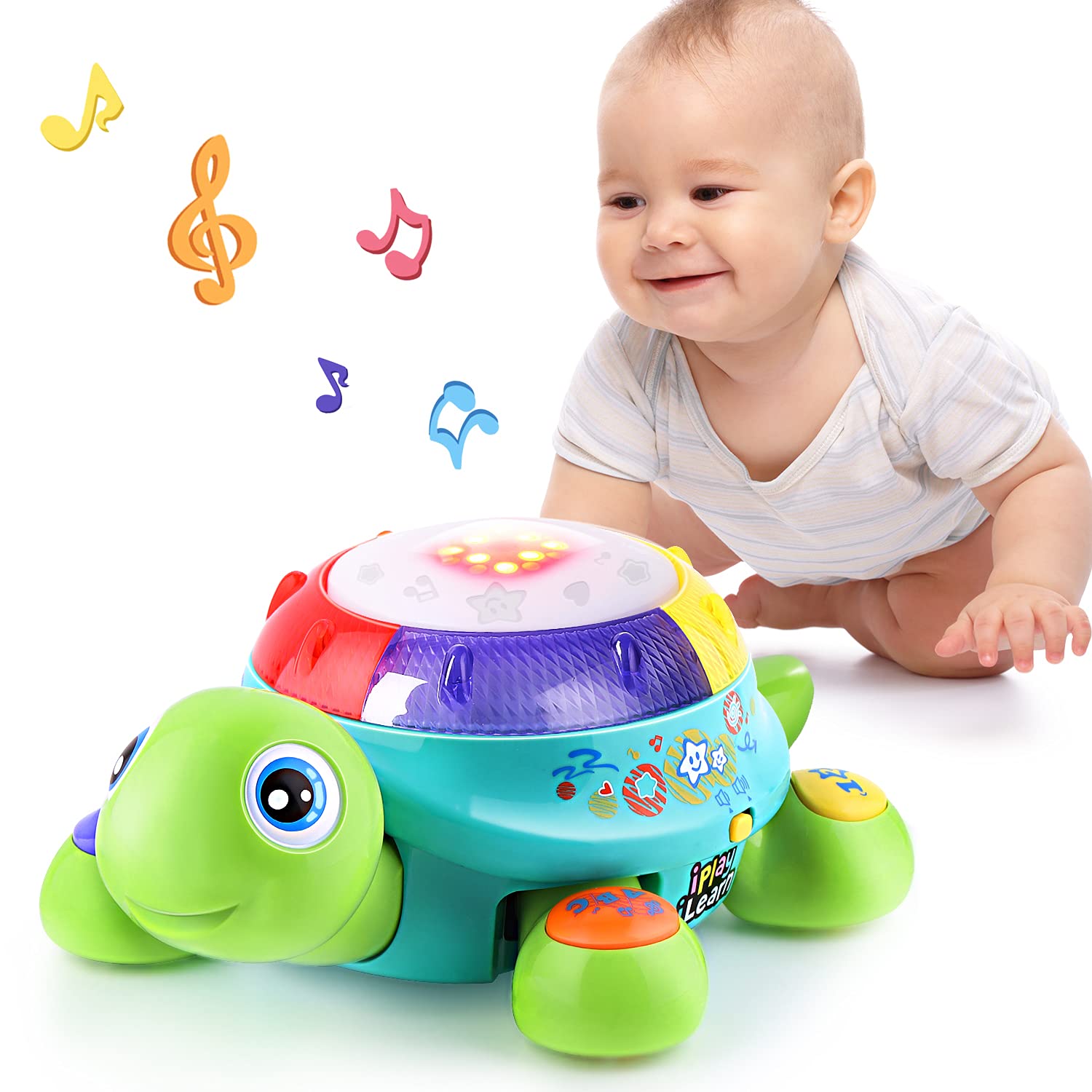 iPlay, iLearn Baby Musical Turtle Toy, Infant Crawling Toys Light Sound, Toddler Spanish English Bilingual Learning Educational,