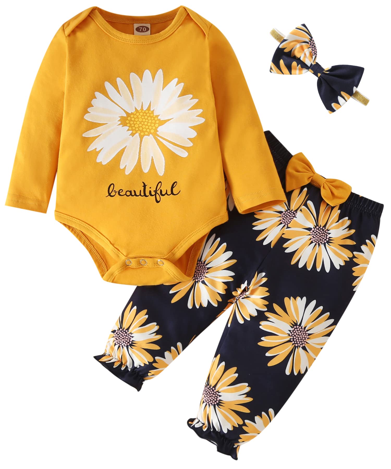 Fullfamous Baby Girl Clothes Gifts Outfits,Fall Winter Long Sleeve Romper And Pant Set Yellow Sunflower Newborn