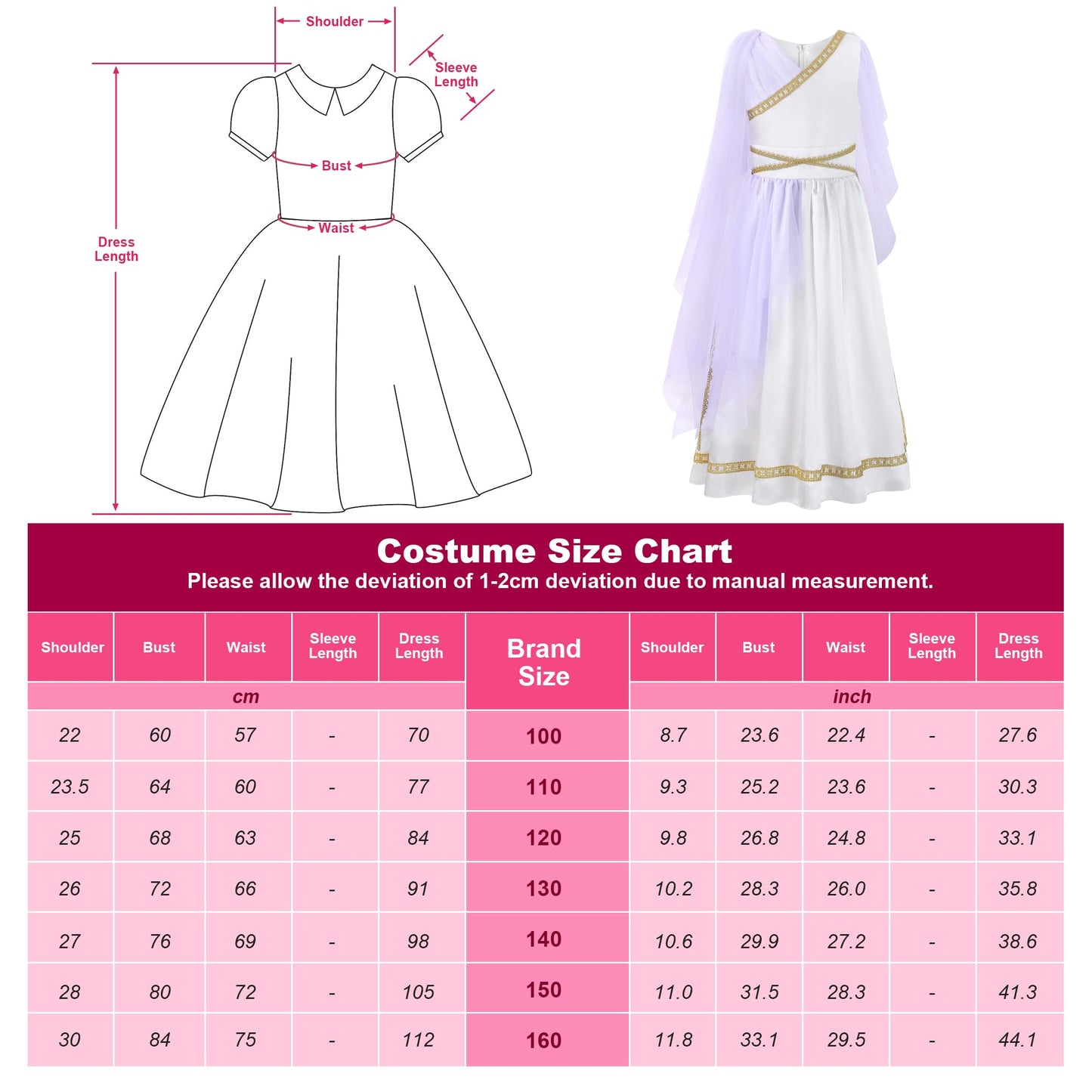 Relibeauty Kids Greek Goddess Gostume Girls With Headband,6-7/130