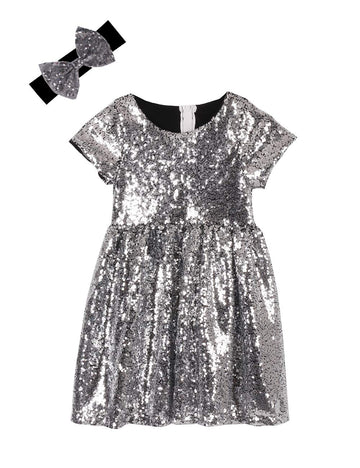 Cilucu Flower Girl Dress Baby Toddlers Sequin Dress Kids Party Dress Bridesmaid Wedding Gown Birthday Dress Silver Black 6T-7T