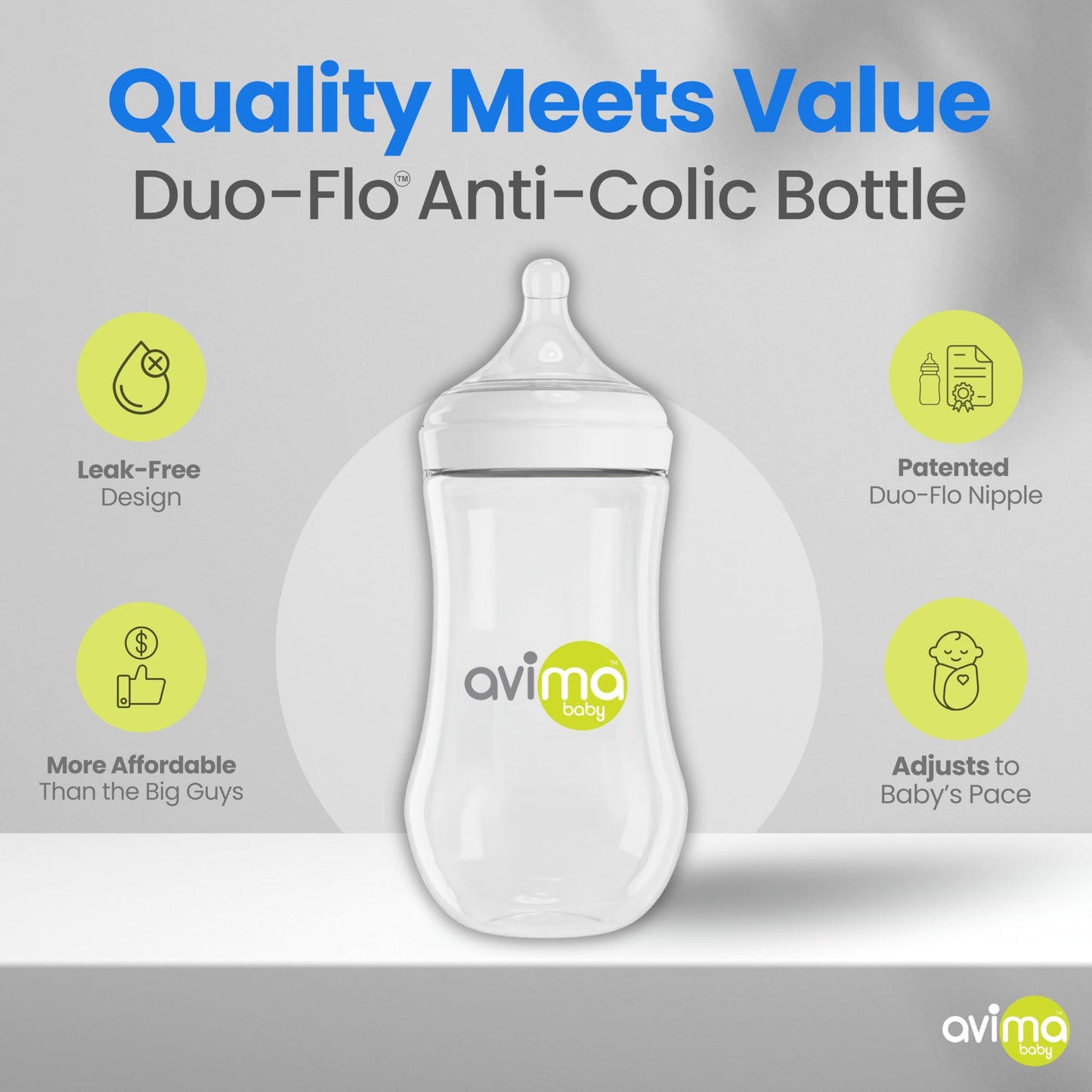Avima 12 Oz. Anti Colic Infant Bottles, Bpa Free, Wide Neck With Fast Flow Nipples (Set Of 6)