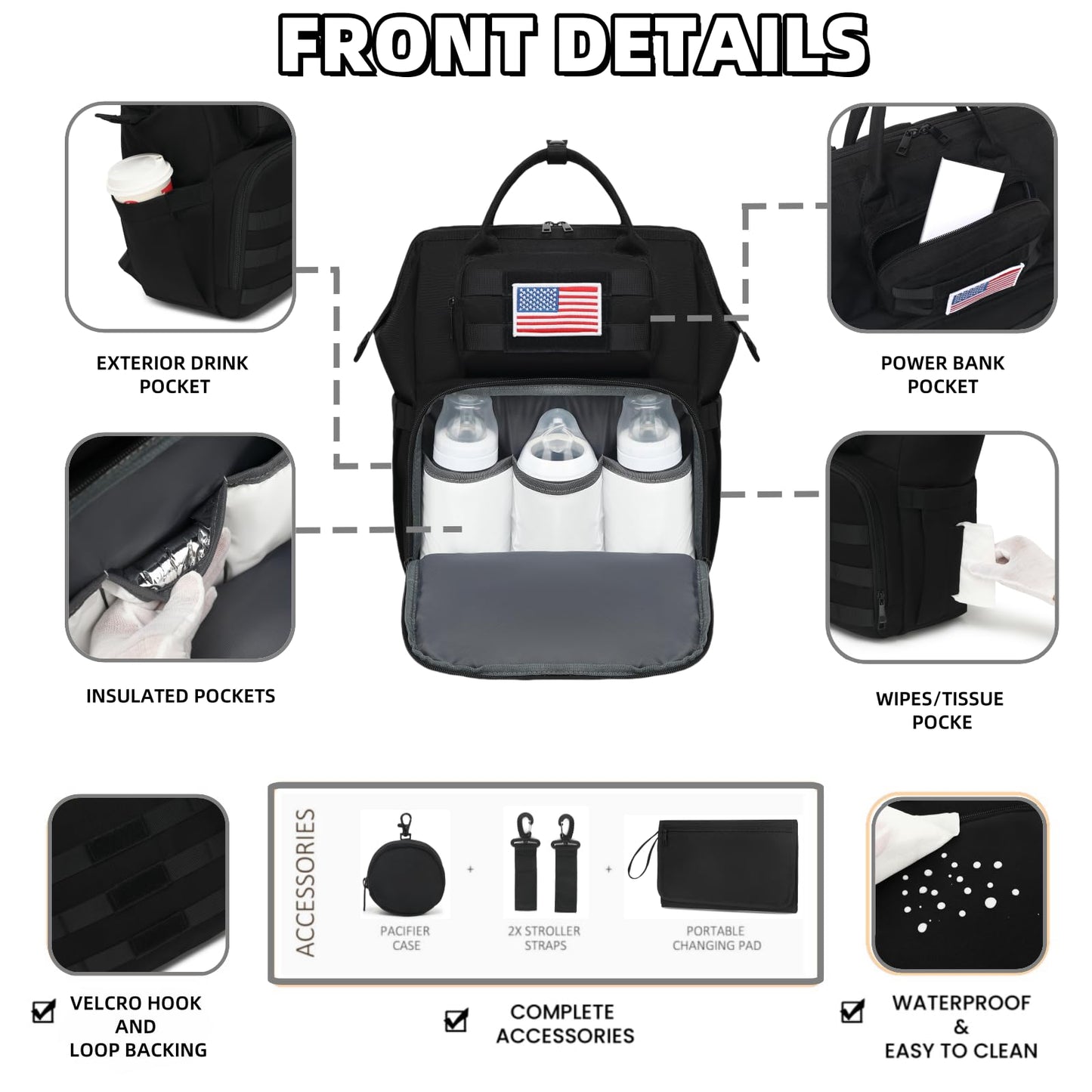 Rosegin Diaper Bag Backpack For Dad And Men, Large Travel Tactical Baby Gear Diaper Bag With Changing Pad, Pacifier Case, Remova