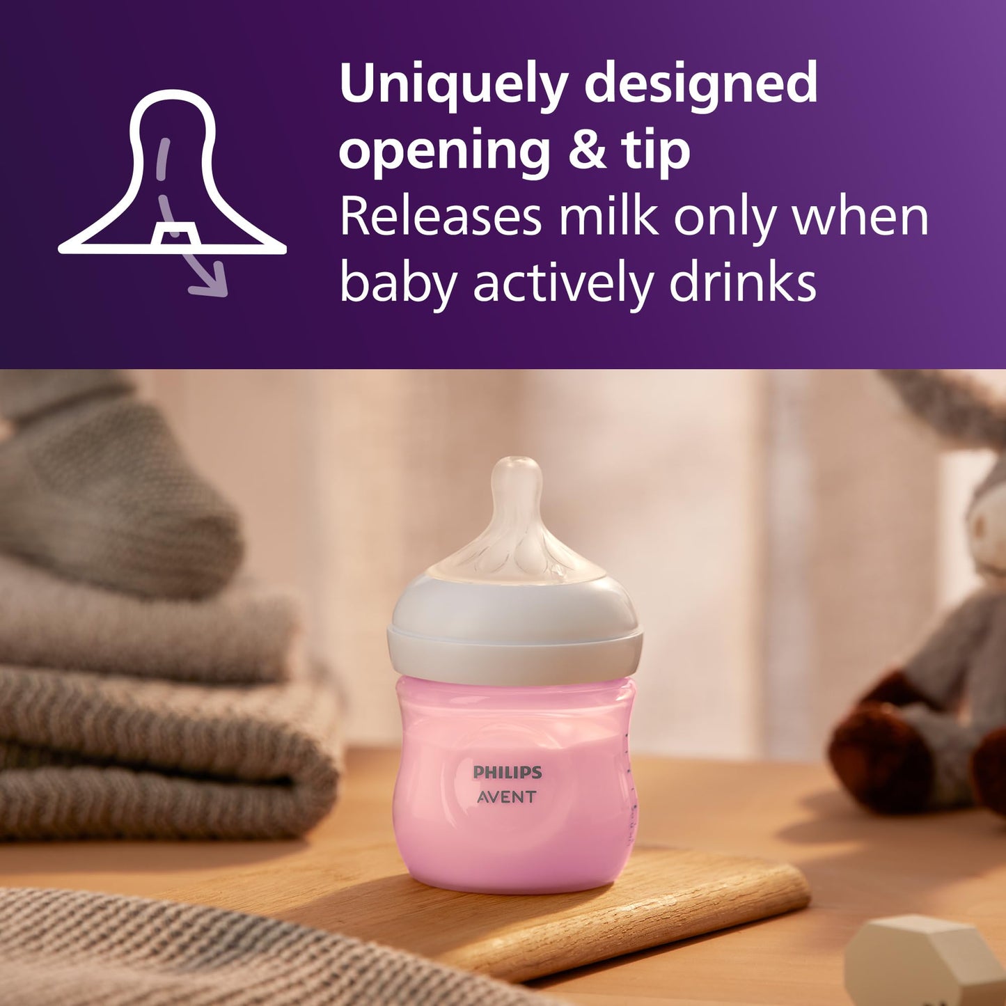 Philips Avent Natural Baby Bottles With Natural Response Nipples (Slow Flow, Flow 2), 4Oz, Pink, 4-Pack, Scy900/14