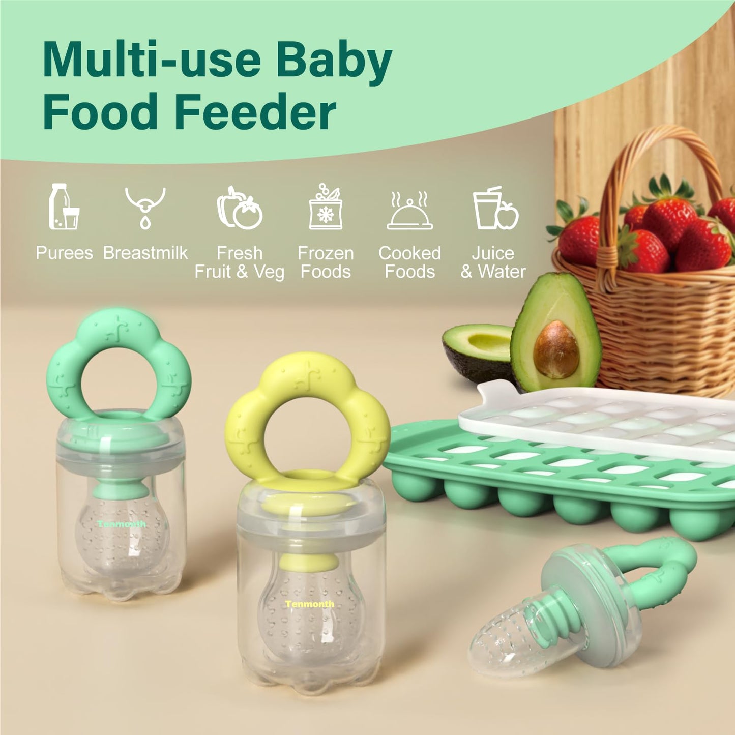 Baby Fruit Food Feeder Breastmilk Popsicle Molds With Freezer Tray, Tenmonth Silicone Baby Feeder For Safe Infant Self Feeding A