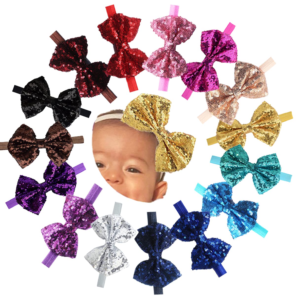 Cellelection 15Pcs Baby Girls Headbands 4'' Big Boutique Bling Sparkly Glitter Sequin Hair Bows Headband Elastic Hair Bands Hair
