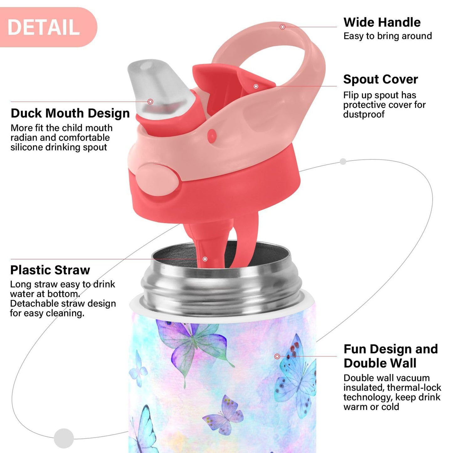 Butterfly Girls Water Bottle With Straw And Carry Handle Rainbow Cute Animals Vacuum Insulated Stainless Steel Bottles Leak-Proo