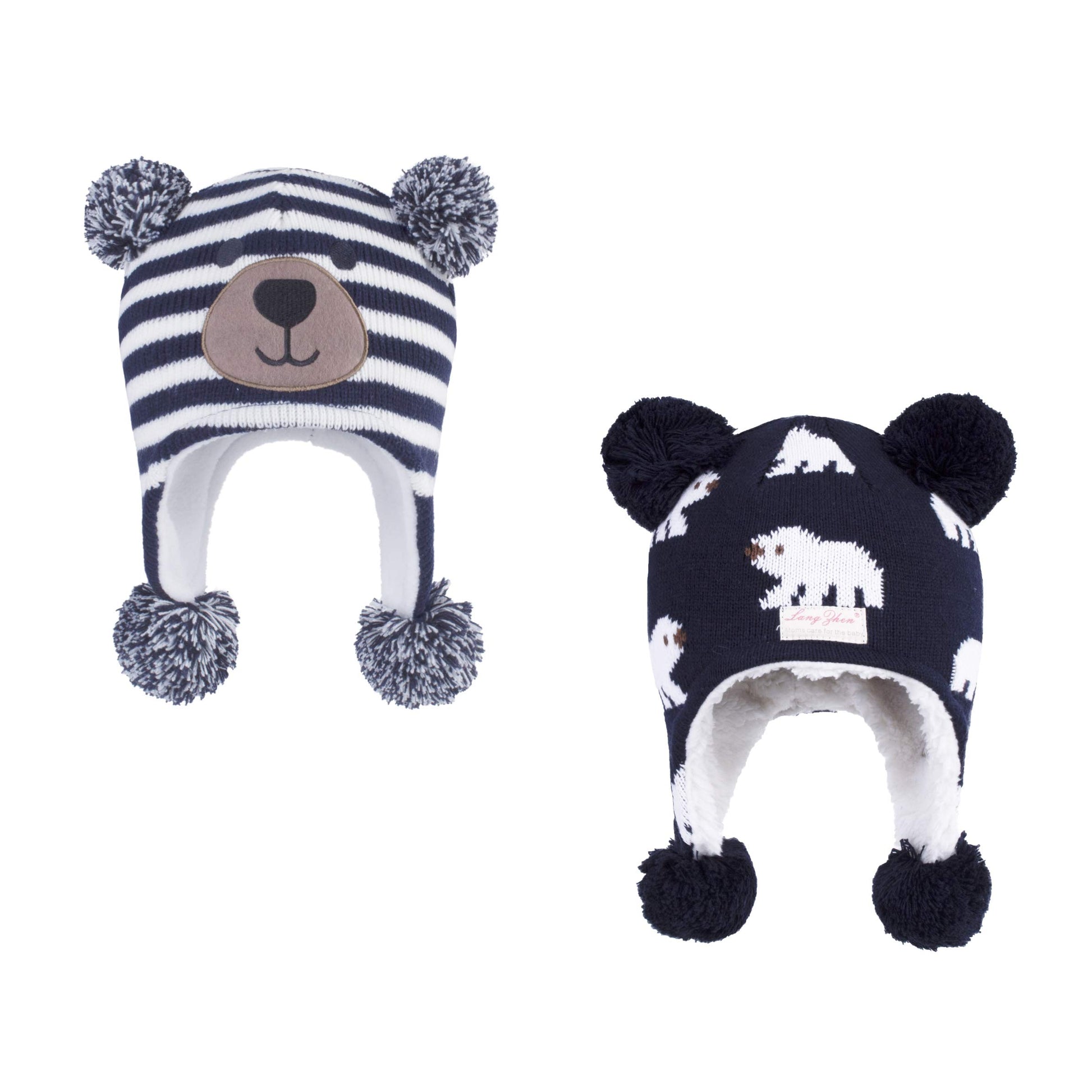 Langzhen Toddler Kids Infant Winter Hat,Earflap Knit Warm Cap Fleece Lined Beanie For Baby Boys Girls (Bear -Navy Stripe+Polar B