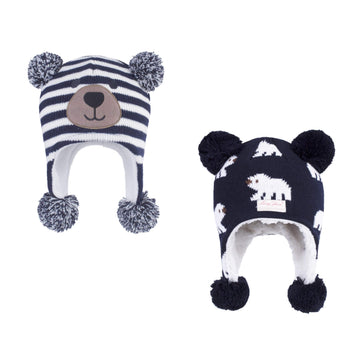 Langzhen Toddler Kids Infant Winter Hat,Earflap Knit Warm Cap Fleece Lined Beanie For Baby Boys Girls (Bear -Navy Stripe+Polar B