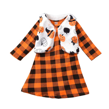Fioukiay Toddler Girls'-Halloween-Outfit-Clothes-Dresses Long Sleeve Plaid Halloween Fall Winter Dress With Vest Coat (Orange, 4