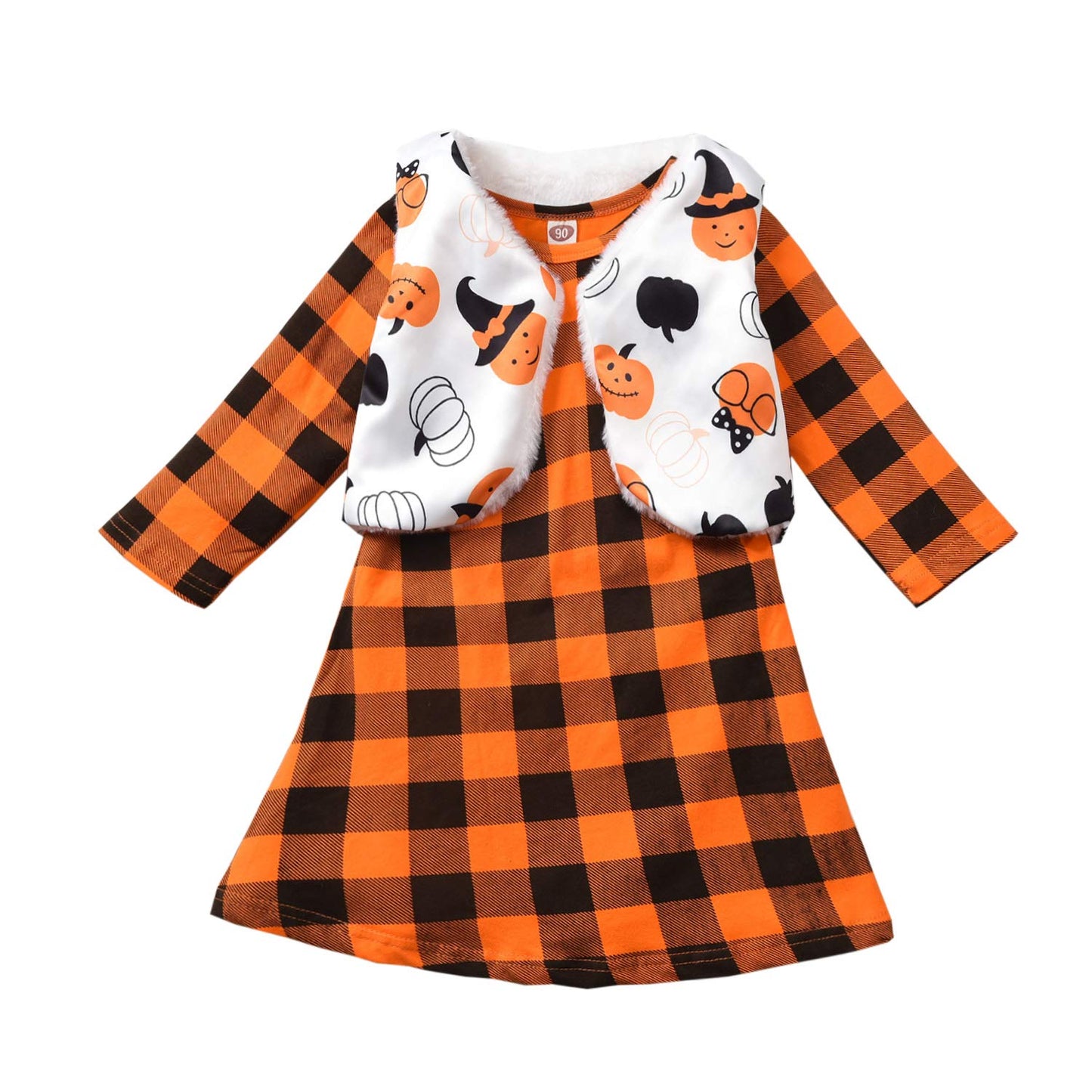 Fioukiay Toddler Girls'-Halloween-Outfit-Clothes-Dresses Long Sleeve Plaid Halloween Pumpkin Dress With Vest Coat (Orange, 5-6T)