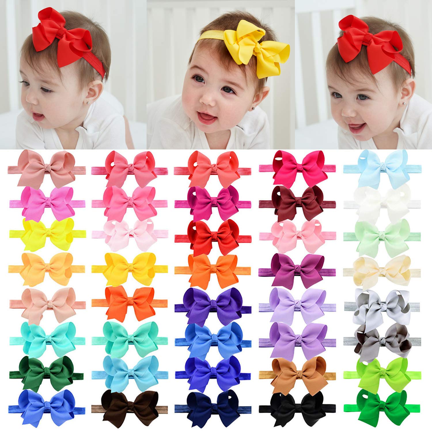 Jollybows 40Pcs Baby Girls Grosgrain Ribbon Hair Bows Headbands 4' Elastic Hair Band Hair Accessories For Infants Newborn- Natu