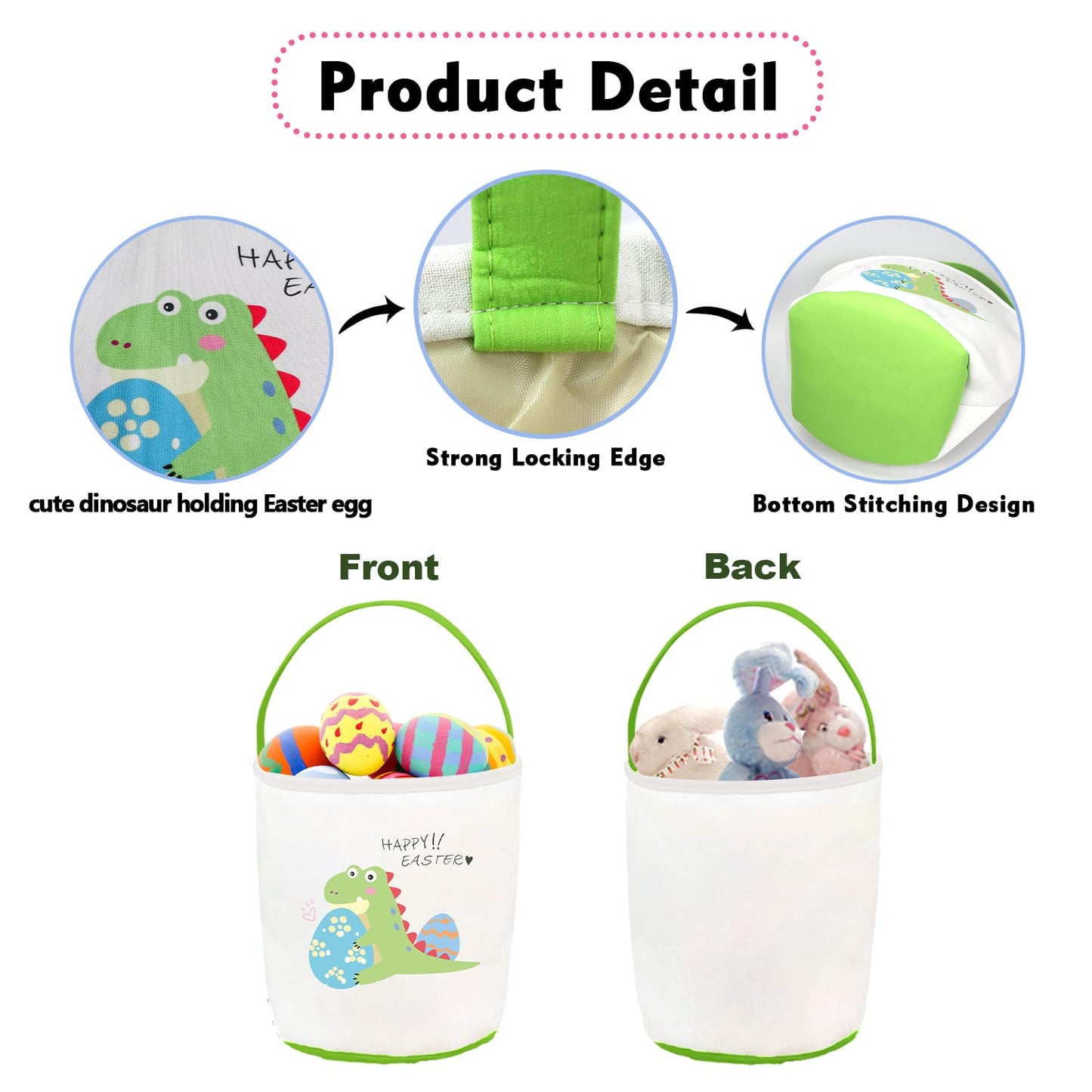 Cerlaza Easter Gift Basket Empty For Kids Canvas Tote, Easter Dinosaur Holding Eggs Hunt Basket With Handle For Toys Carrying, C