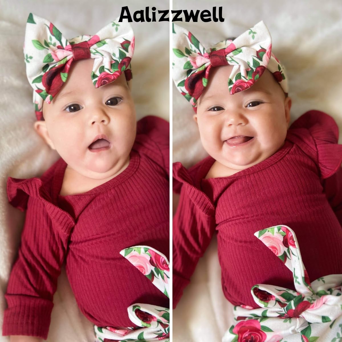 Aalizzwell Preemie Infant Baby Girls Clothes Ribbed Romper Bodysuit Floral Pants Set Fall Winter Outfits (Red, Newborn)