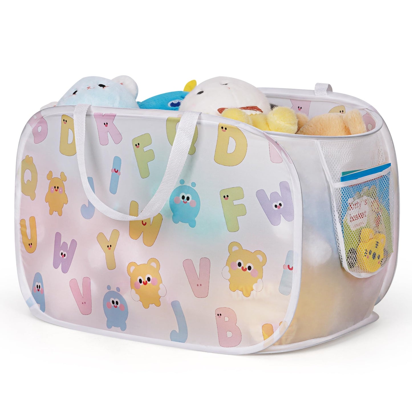 Collapsible Pop Up Hamper for Baby Clothes or Toys Storage, Mesh Hamper with Handles & Side Pocket, Multi-Use Laundry Hamper & T