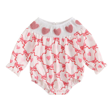 Amiblvowa Baby Girl Valentines Day Outfit Embroidery Love Heart Smocked Bubble Romper Bodysuit Cute Infant Newborn Clothes (Ligh