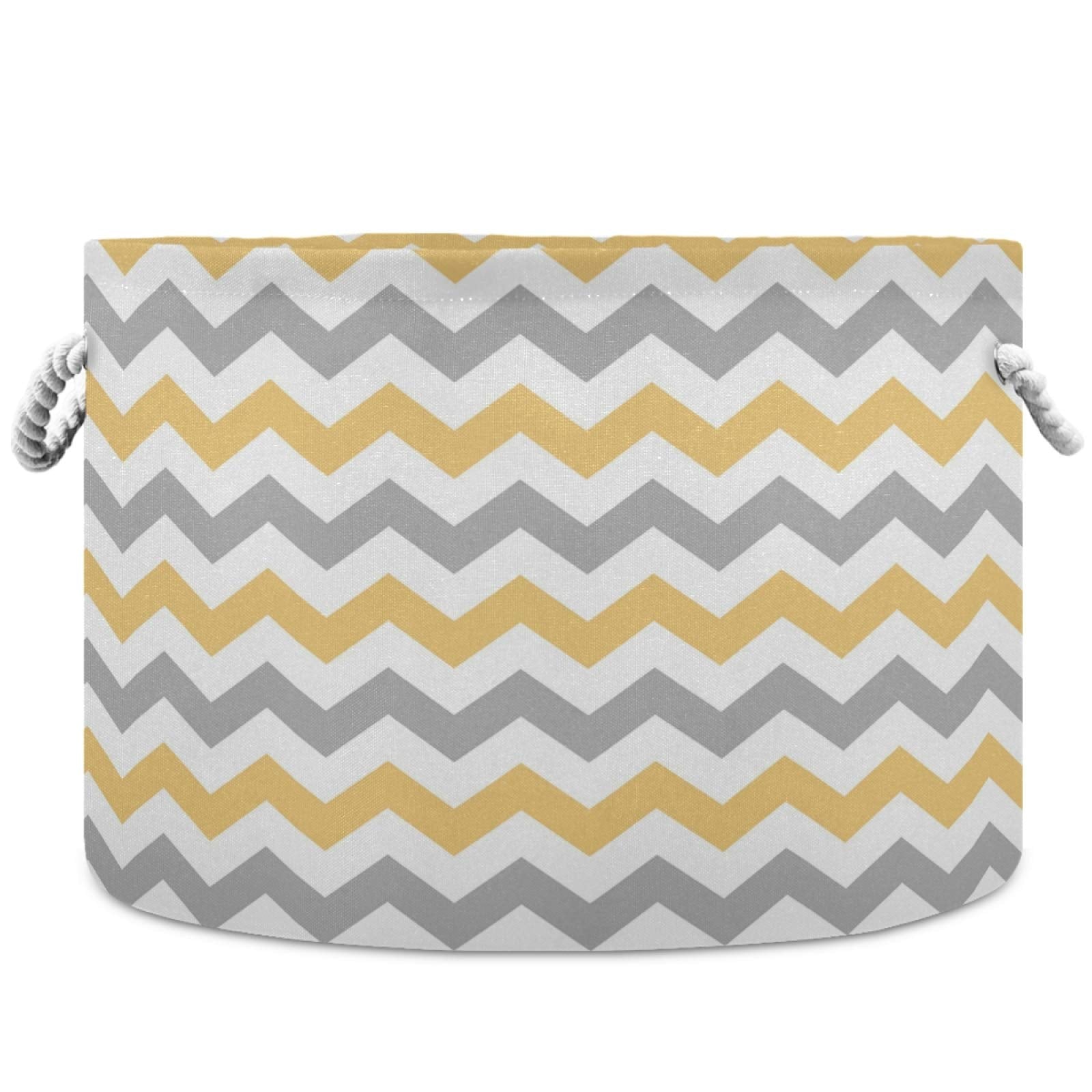 Visesunny Grey And Yellow Plaid Chevron Collapsible Large Capacity Basket Storage Bin With Durable Cotton Handles, Home Organize