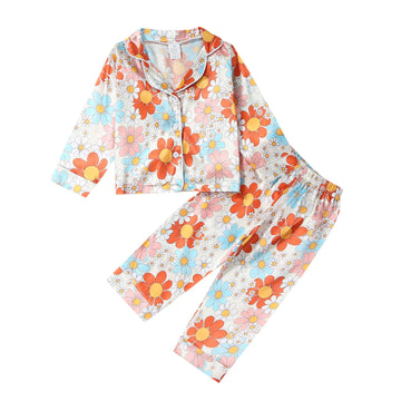 Kids Baby Girl Boy Satin Pajamas Set Button Down Sleep Shirt Top+Long Pants Bottoms Sleepwear Loungewear Clothes (B Flower, 4-5