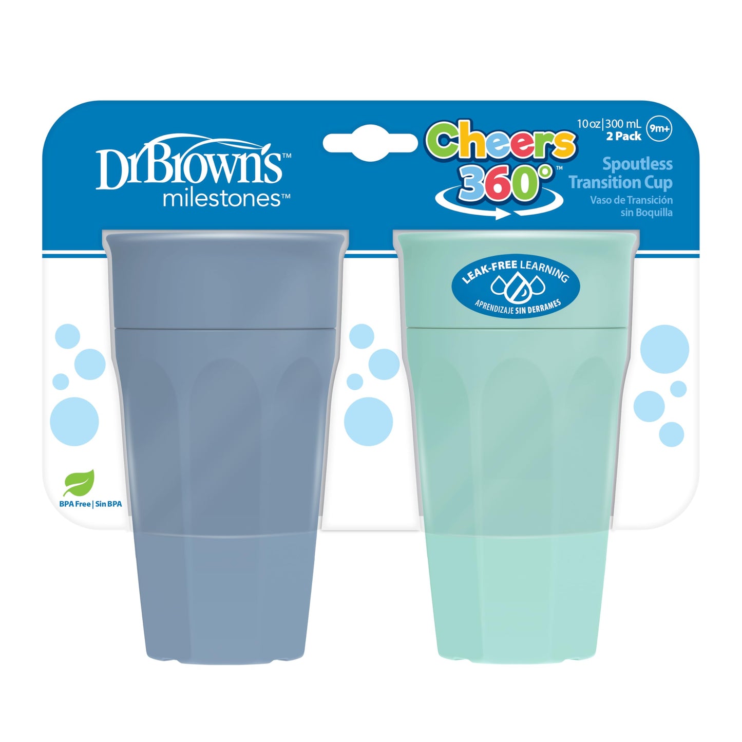 Dr. Brown'S Milestones Cheers 360 Training Cup For Toddlers & Babies, Leak-Free Sippy Cup, Blue/Aqua, 10Oz/300Ml, 9M+, 2 Pack (C