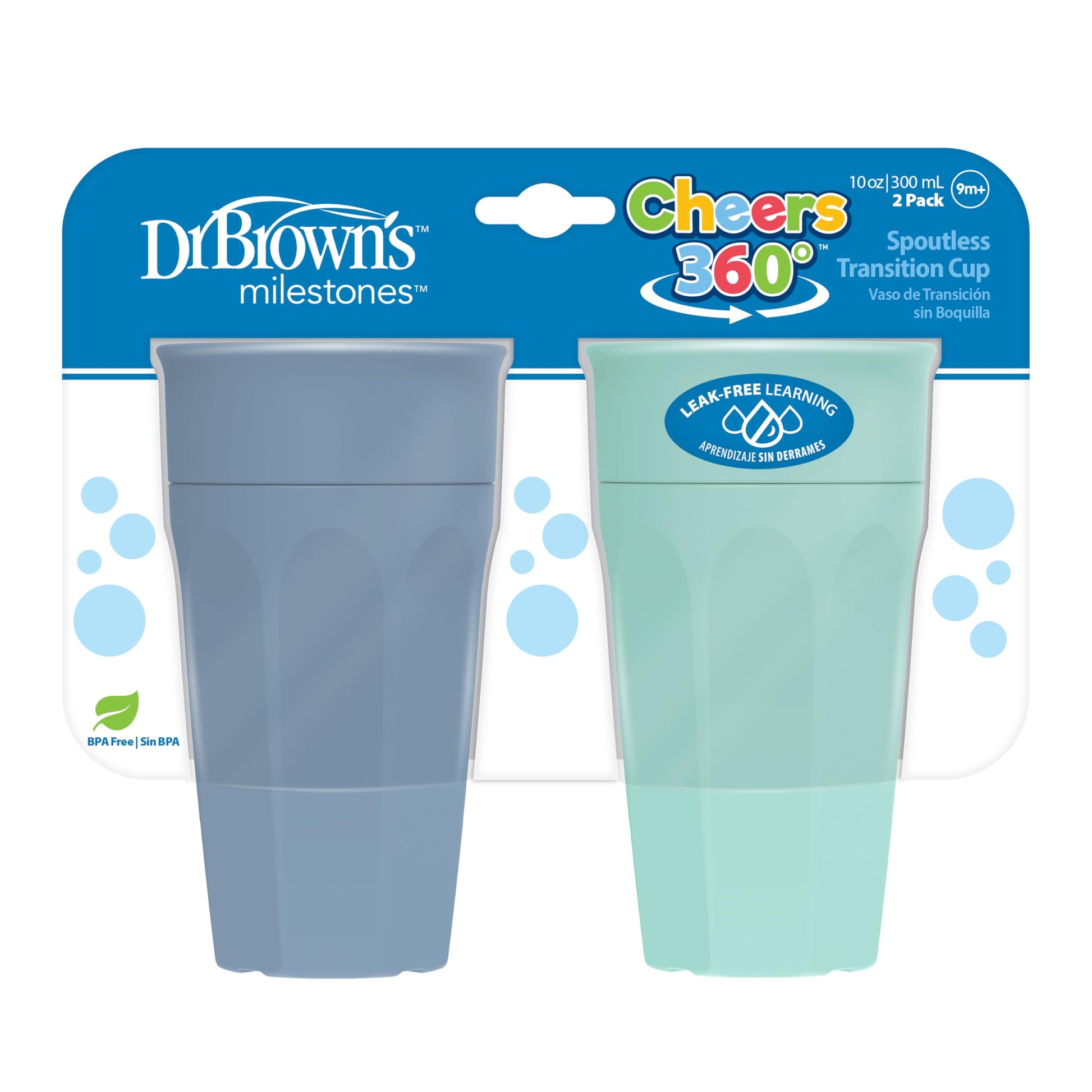 Dr. Brown'S Milestones Cheers 360 Training Cup For Toddlers & Babies, Leak-Free Sippy Cup, Blue/Aqua, 10Oz/300Ml, 9M+, 2 Pack (C