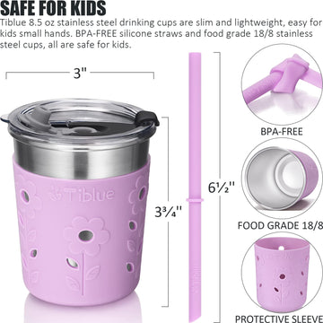 Tiblue Kids & Toddler Cups - Spill Proof Stainless Steel Smoothie Tumblers With Leak Proof Lids, Silicone Straw With Stopper & S