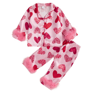 Baby Girl Silk Valentine'S Pajamas 2-Piece Button-Up Pjs Heart Feather Trim Satin Pajama Toddler Sleeper Nightgown (Pink 3T)