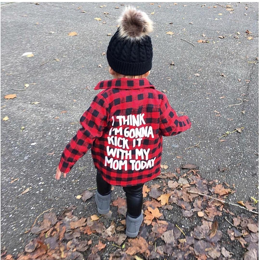 Toddler Baby Boys Girls Flannel Plaid Shirt Long Sleeve Lepel Button Down Back Letters Print Shacket Coat Top (Red Kick It With