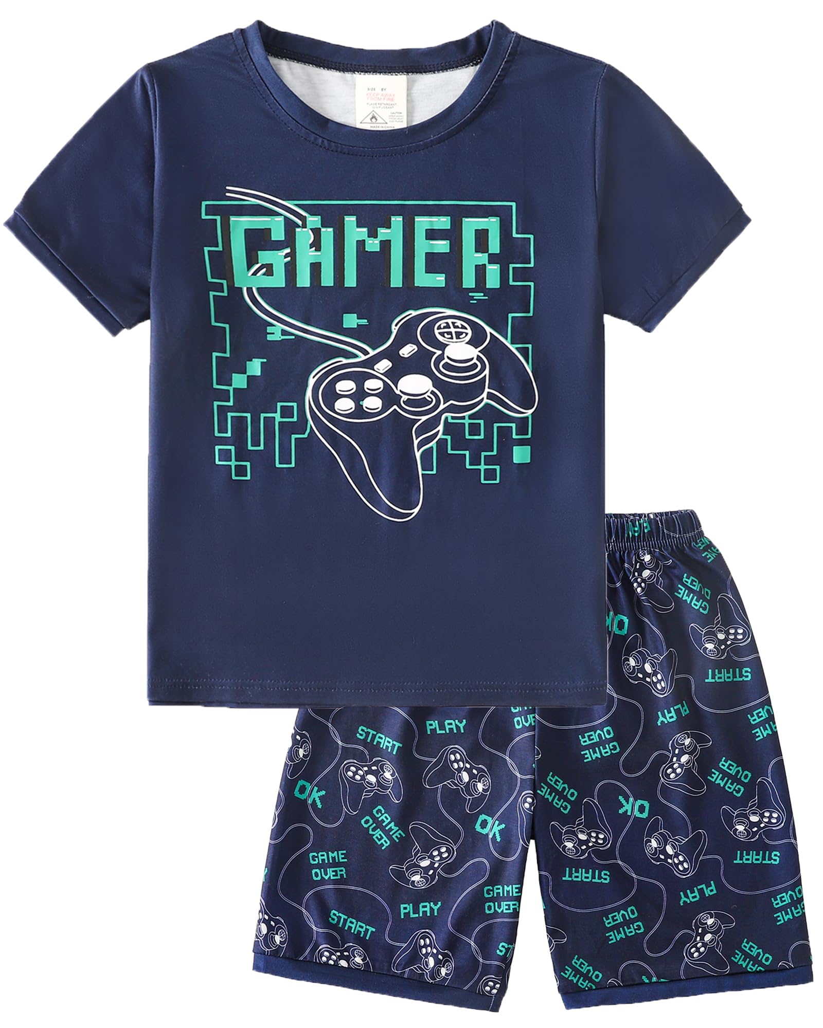 MyFav Big Boys Pajamas 2 Piece Short PJS Cute Cartoon Sleepwear, Gamer, 12 Years