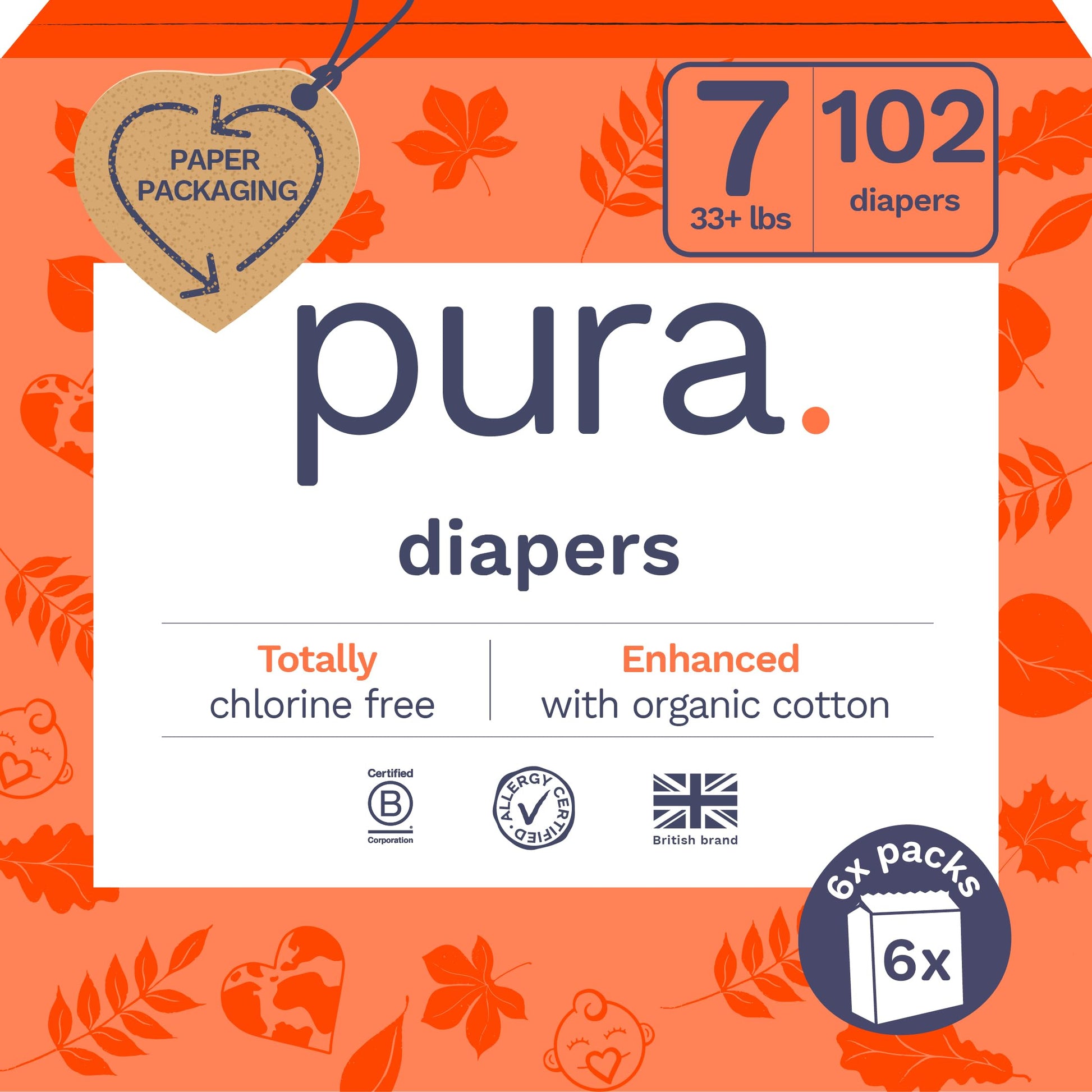 Pura Size 7 Eco-Friendly Diapers (33+lbs) Hypoallergenic, TCF, Soft Organic Cotton, Sustainable, up to 12 Hours Leak Protection,